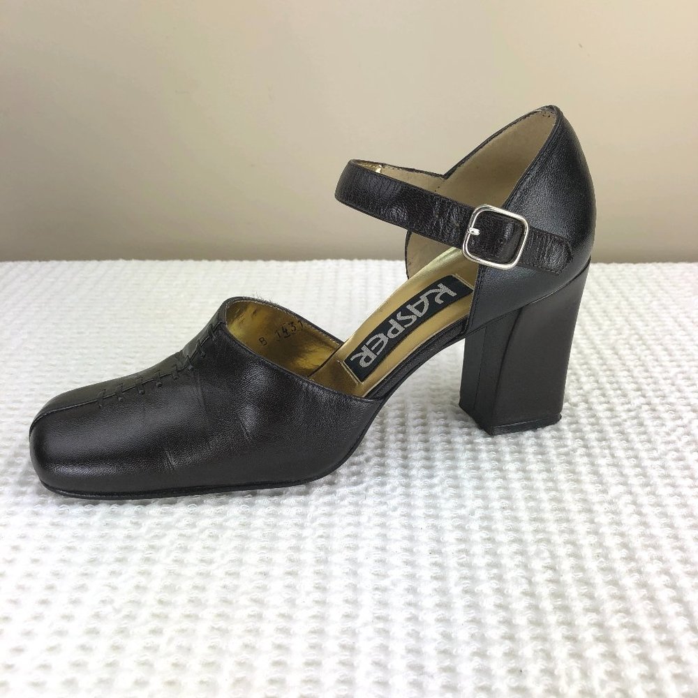 KASPER silver & black leather block heels - SZ 6.5 - Picture 2 of 10